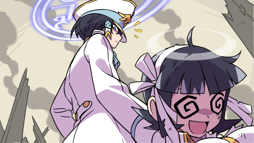 2girls, @_@, angel, archangel_(helltaker), azazel_(helltaker), black_hair, crack, fading