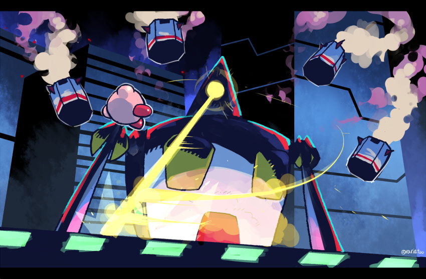 building, highres, hr-h, kirby, kirby_(series), kirby_64, laser, missile, no_humans, rariatto_(ganguri), robot, skyscraper, smoke