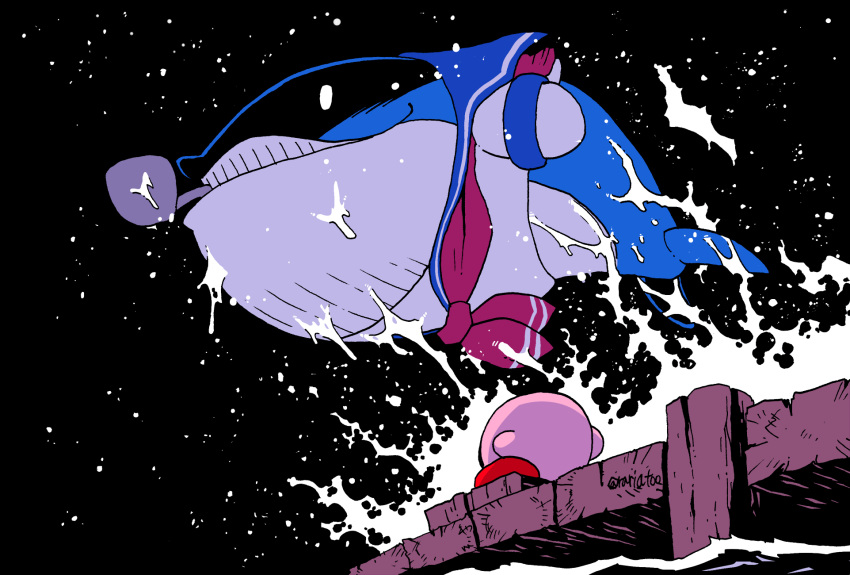 black_background, fatty_whale, hat, highres, kirby, kirby_(series), kirby_super_star, pier, rariatto_(ganguri), sailor_collar, sailor_hat, sailor_shirt, shirt, smoking_pipe, splashing