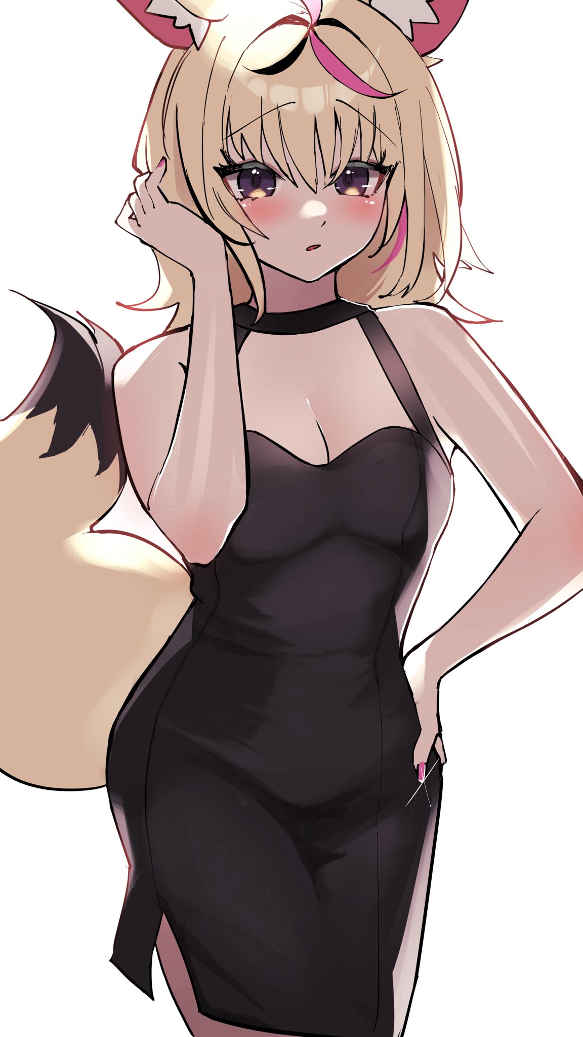 1girl, animal_ears, bangs, black_dress, blonde_hair, blush, breasts, dress, fox_ears, fox_girl, hair_ornament, highres, hololive, long_hair, looking_at_viewer, multicolored_hair, omaru_polka, pink_hair, solo, streaked_hair, violet_eyes, virtual_youtuber, yuuppi