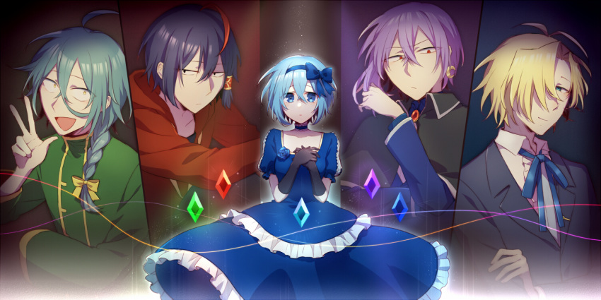 1girl, 4boys, :d, :o, ahoge, antenna_hair, aqua_hair, ashe_bradley