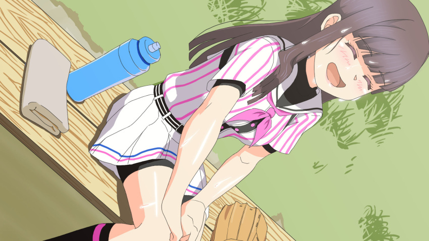 1girl, bangs, baseball_mitt, baseball_uniform, bench, bottle, brown_hair, character_request