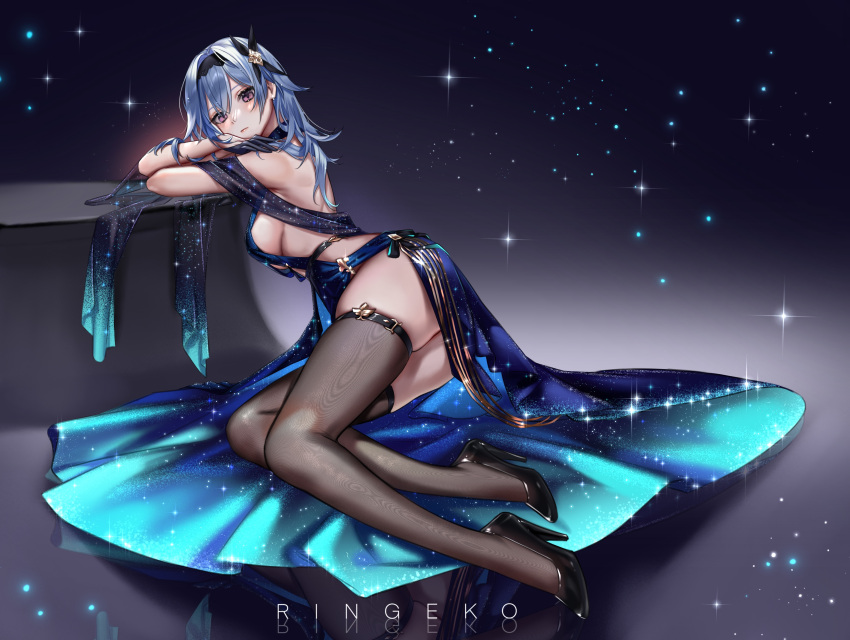 1girl, absurdres, alcohol, alternate_costume, artist_name, ass, backless_dress, backless_outfit