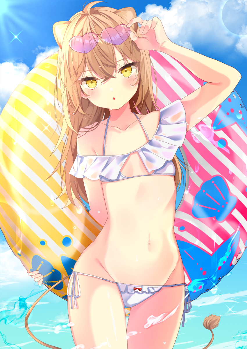 1girl, :o, adjusting_eyewear, ahoge, animal_ears, arm_up, bangs, bare_shoulders, bikini, breasts, brown_hair, cowboy_shot, extra_ears, eyewear_on_head, frilled_bikini, frills, hair_between_eyes, halterneck, hand_on_eyewear, heart, heart-shaped_eyewear, highres, indie_virtual_youtuber, innertube, light_brown_hair, lion_ears, lion_tail, long_hair, navel, noa_(hkgbkk8), ocean, outdoors, parted_lips, rurudo_lion, side-tie_bikini, small_breasts, solo, stomach, string_bikini, sunglasses, swimsuit, tail, thighs, virtual_youtuber, white_bikini, yellow_eyes