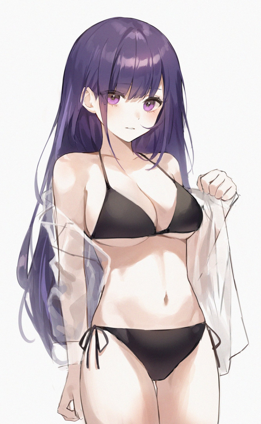 1girl, bangs, bikini, black_bikini, breasts, cute, eyebrows_visible_through_hair, eyes_visible_through_hair