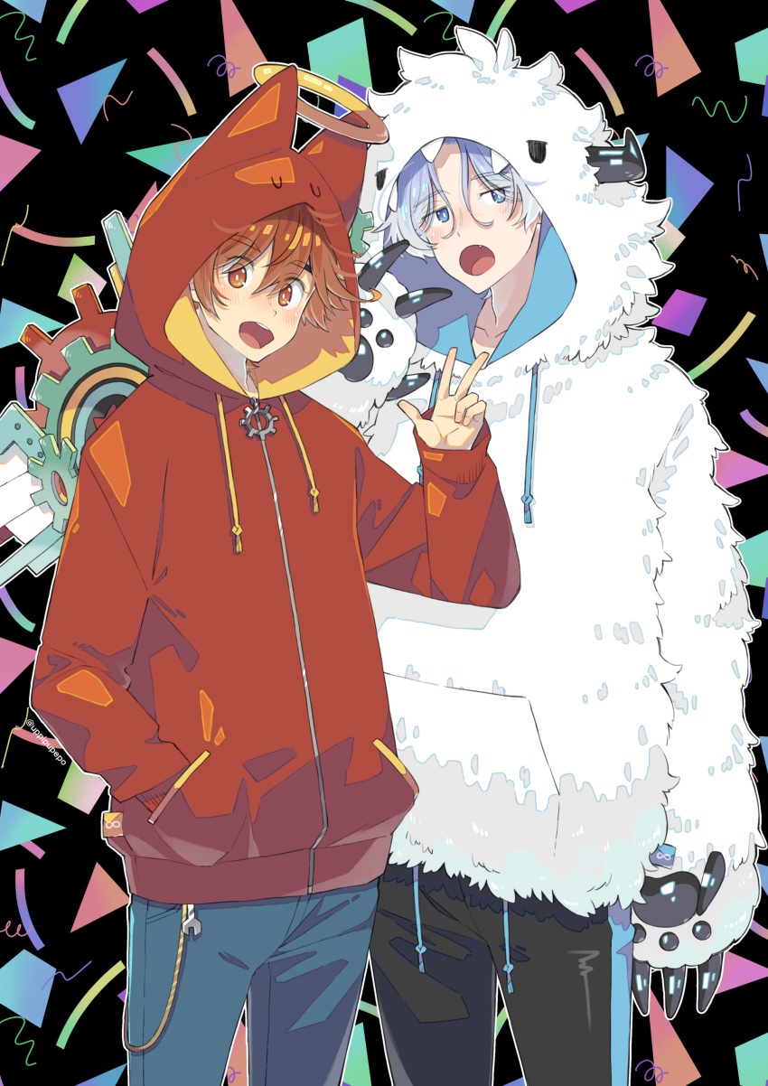 2boys, absurdres, baseball_bat, blue_eyes, blue_hair, halo, hasegawa_langa, highres, hood, hoodie, kyan_reki, male_focus, multiple_boys, nail, nail_bat, open_mouth, orange_eyes, pants, redhead, shirt, short_hair, simple_background, sk8_the_infinity, smile, uppi, v, yeti_costume