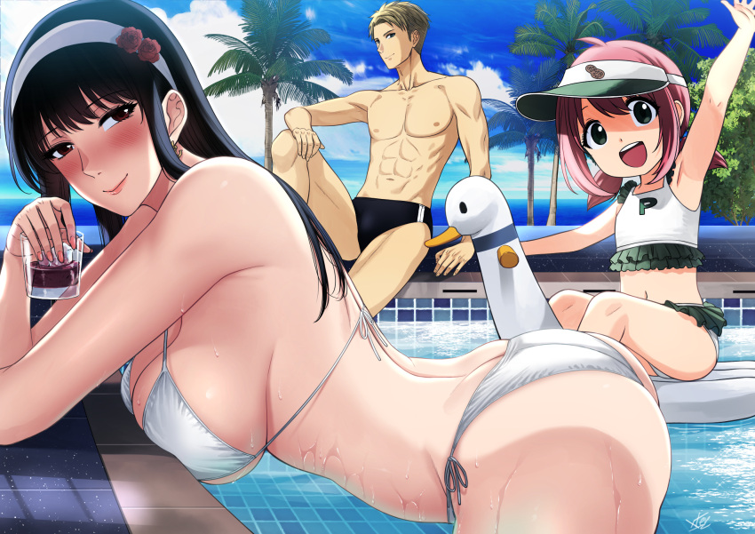 1boy, 2girls, :d, abs, ahoge, anya_(spy_x_family), arched_back, arm_up, ass, bangs, bare_shoulders, bent_over, bikini, black_hair, blonde_hair, blue_eyes, blue_sky, blush, breast_press, breasts, child, closed_mouth, clouds, cup, drinking_glass, earrings, elbow_rest, english_commentary, eyebrows_visible_through_hair, family, flower, from_side, green_eyes, hair_flower, hair_ornament, hairband, highres, holding, holding_cup, ice, ice_cube, jewelry, large_breasts, looking_at_viewer, male_swimwear, multiple_girls, navel, open_mouth, outdoors, palm_tree, peanut, pink_hair, pool, red_eyes, riding, rose, short_hair, side-tie_bikini, sitting, sky, smile, spy_x_family, stomach, strap_gap, string_bikini, swan_boat, swim_briefs, swimsuit, toned, toned_male, tree, twilight_(spy_x_family), visor_cap, water, wet, white_bikini, white_hairband, xter, yor_briar