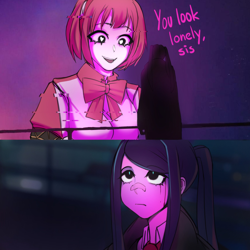 2girls, absurdres, bandaid, bandaid_on_face, bandaid_on_nose, bangs, black_coat, black_eyes