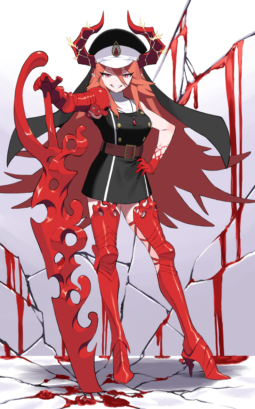 1girl, absurdres, armor, black_dress, blade, blood, boots, breasts