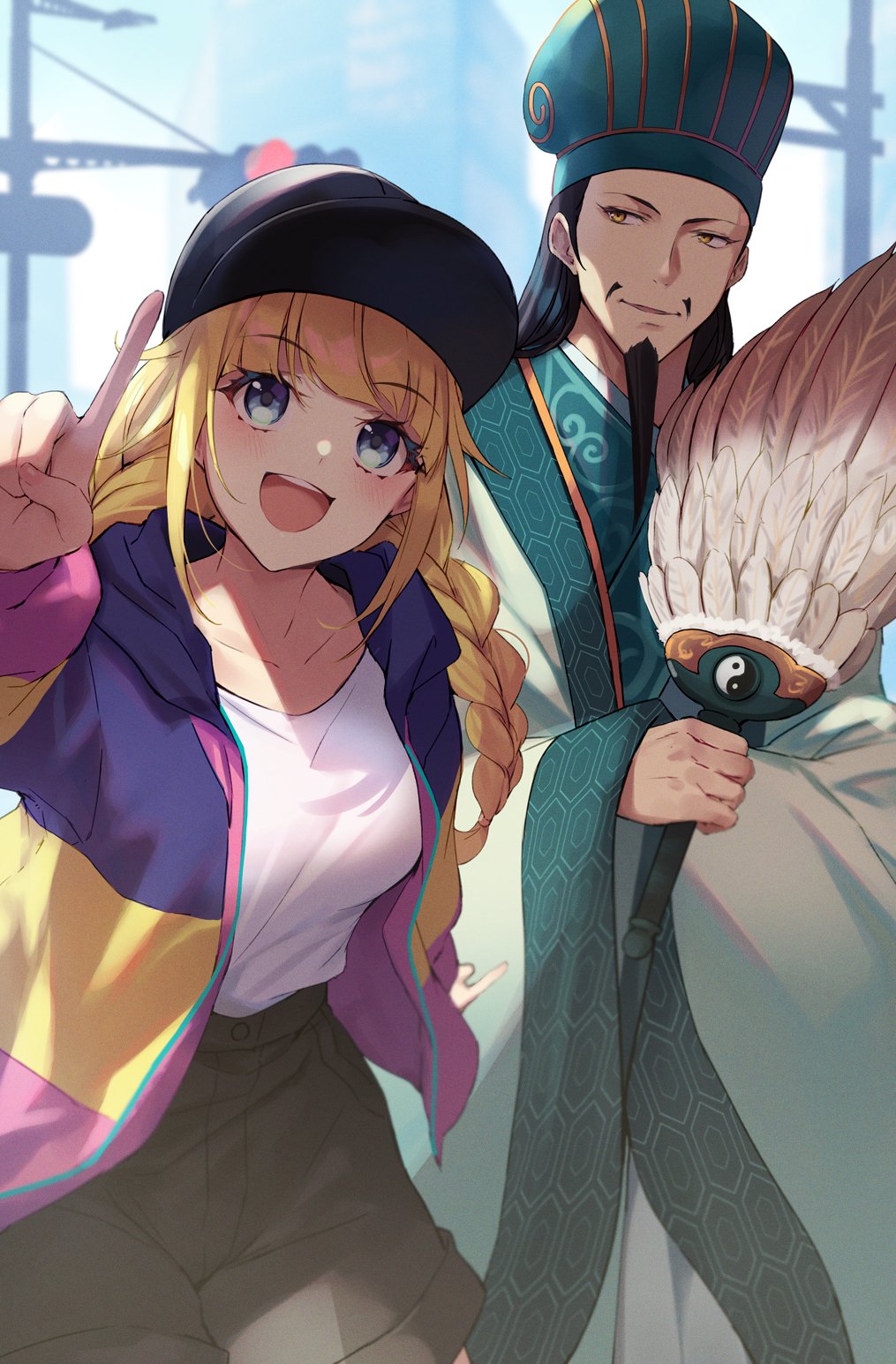 1boy, 1girl, :d, bangs, baseball_cap, blonde_hair, blue_eyes, blue_jacket