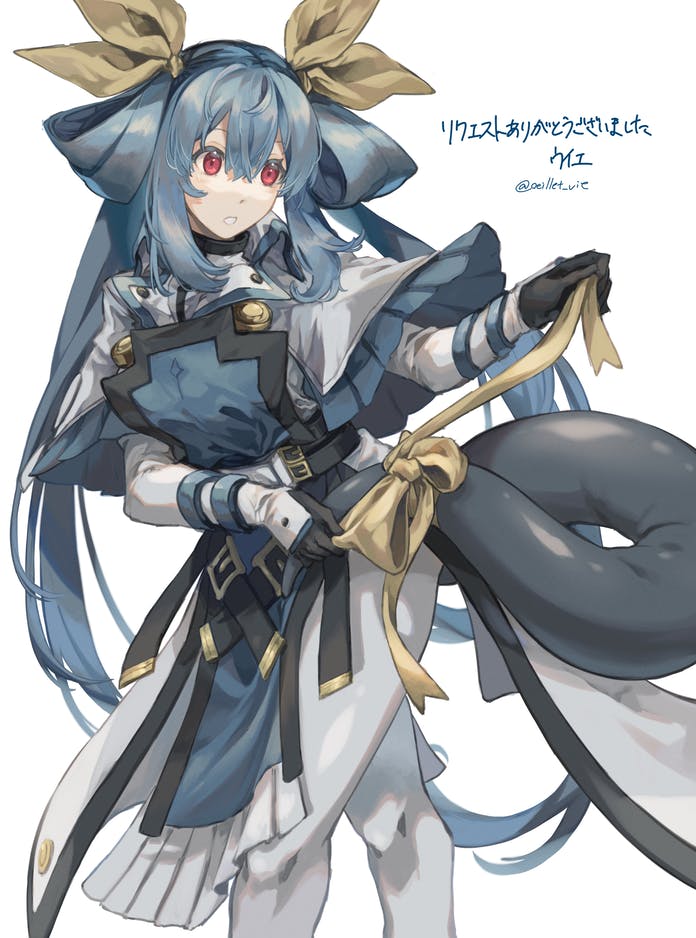1girl, artist_name, bangs, belt, black_gloves, blue_hair, bow, commission