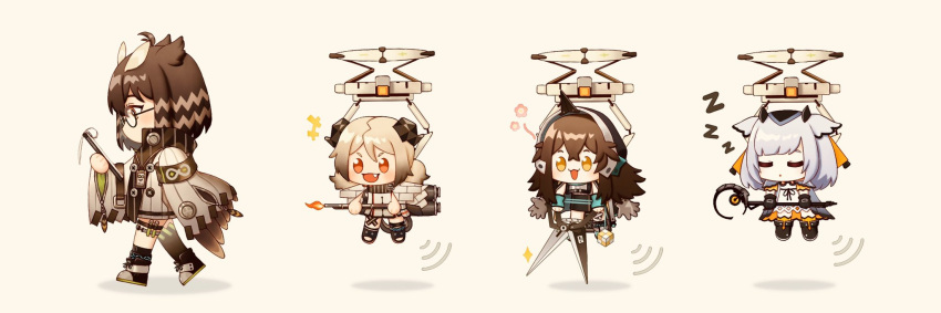+++, 4girls, ankleband, antenna_hair, arknights, armband, asymmetrical_legwear, black_footwear