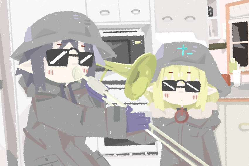 2girls, brodie_helmet, chito_(shoujo_shuumatsu_ryokou), coat, eyebrows_visible_through_hair, green_coat, helmet, instrument