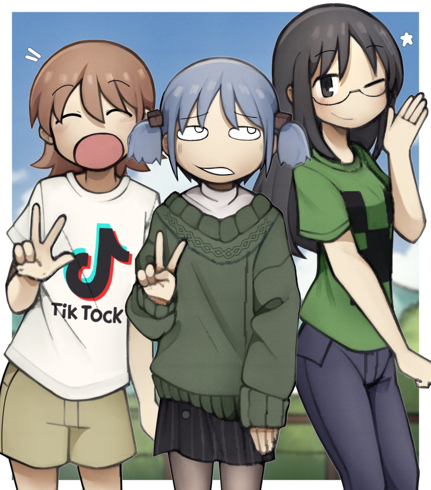 3girls, absurdres, aioi_yuuko, blue_hair, blush, brown_eyes, brown_hair, closed_eyes, closed_mouth, eyebrows_visible_through_hair, green_sweater, hair_cubes, hair_ornament, highres, mafurara, minakami_mai, minecraft, multiple_girls, naganohara_mio, nichijou, open_mouth, pants, short_hair, short_twintails, sweater, tiktok, twintails