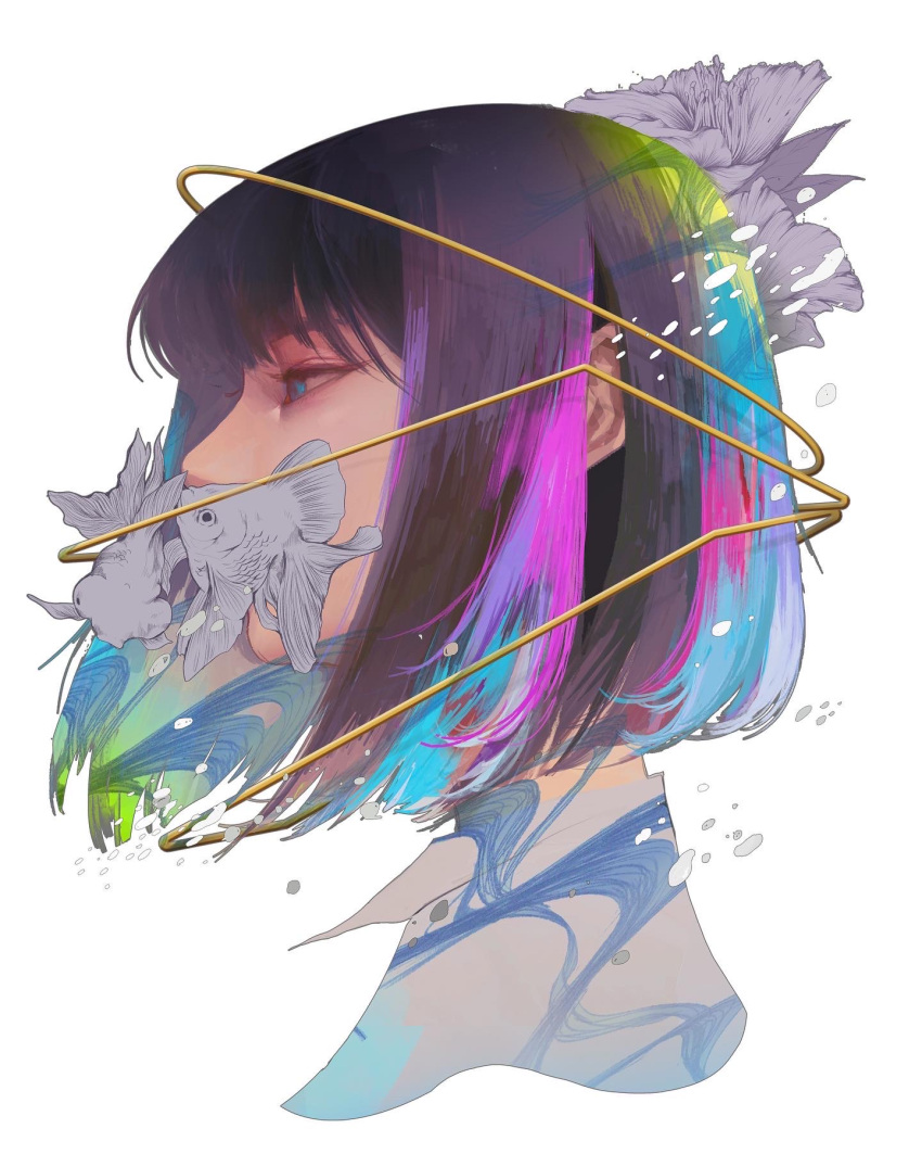 1girl, blue_eyes, bob_cut, fish, from_side, halo, highres, medium_hair