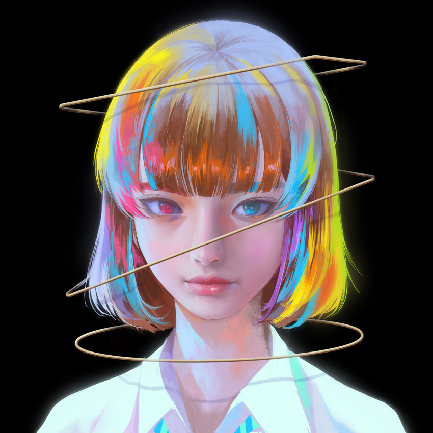 1girl, bangs, black_background, blonde_hair, blue_eyes, blue_hair, blunt_bangs, blunt_ends