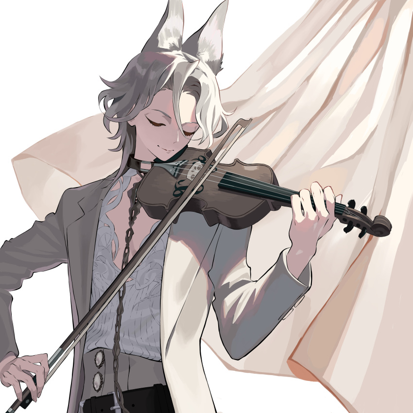 1boy, absurdres, animal_ear_fluff, animal_ears, chain, chain_leash, closed_eyes, closed_mouth