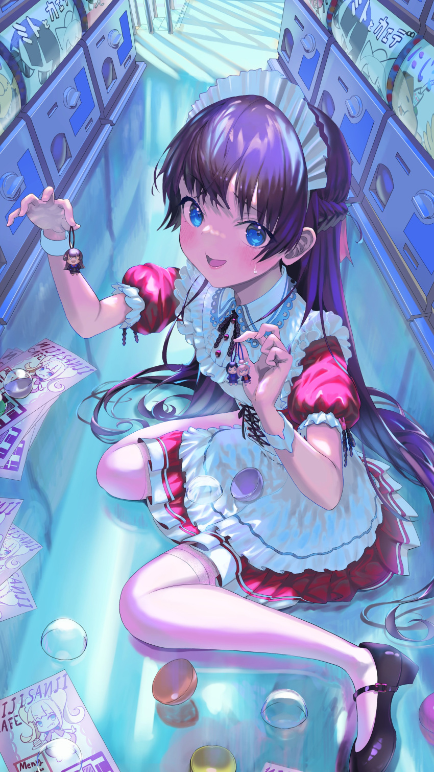 1girl, absurdres, apron, atatatatame01, bangs, black_footwear, blue_eyes, blush