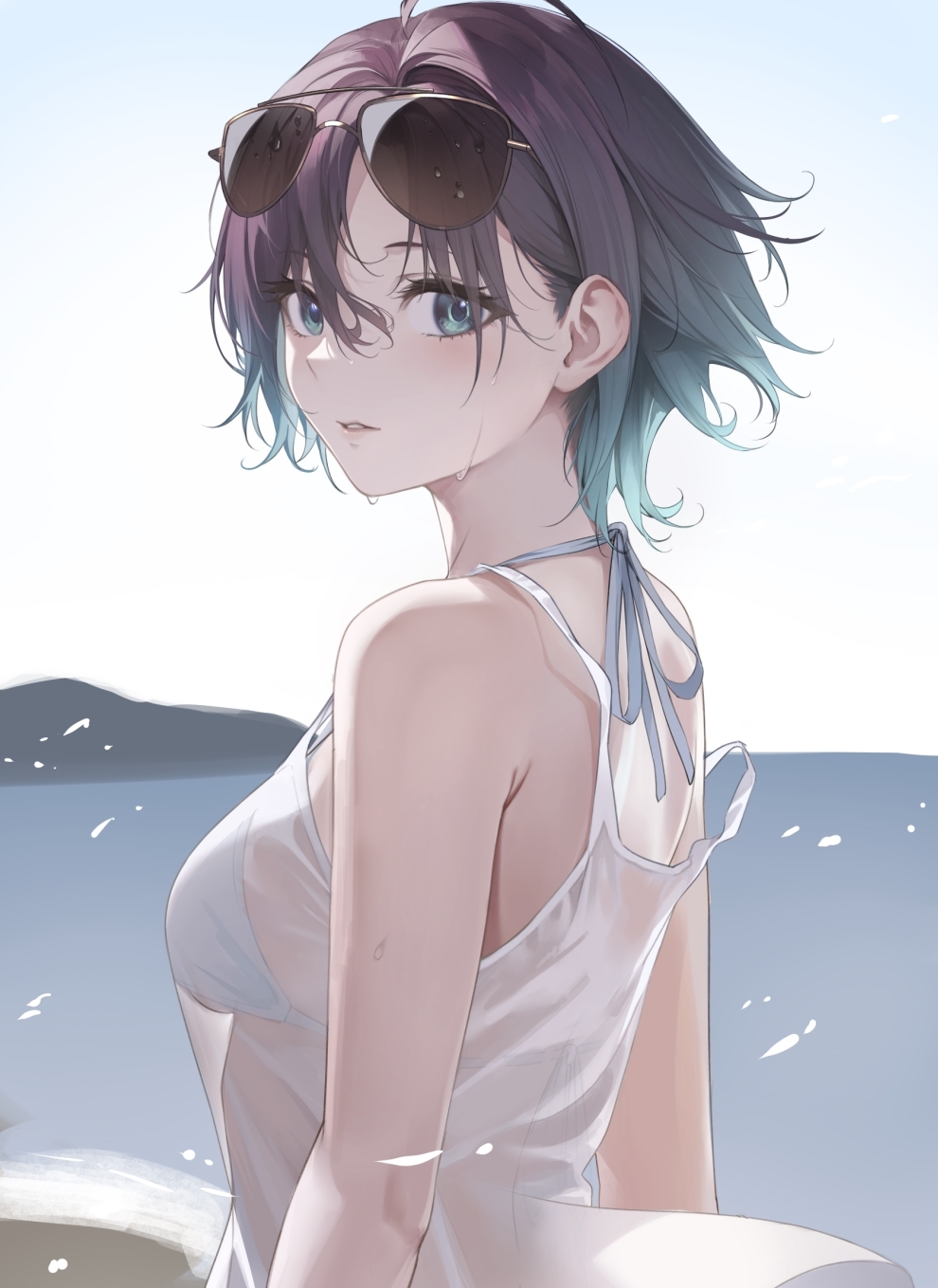 1girl, ahoge, asakura_toru, aviator_sunglasses, bangs, bare_shoulders, blue_eyes, blue_hair