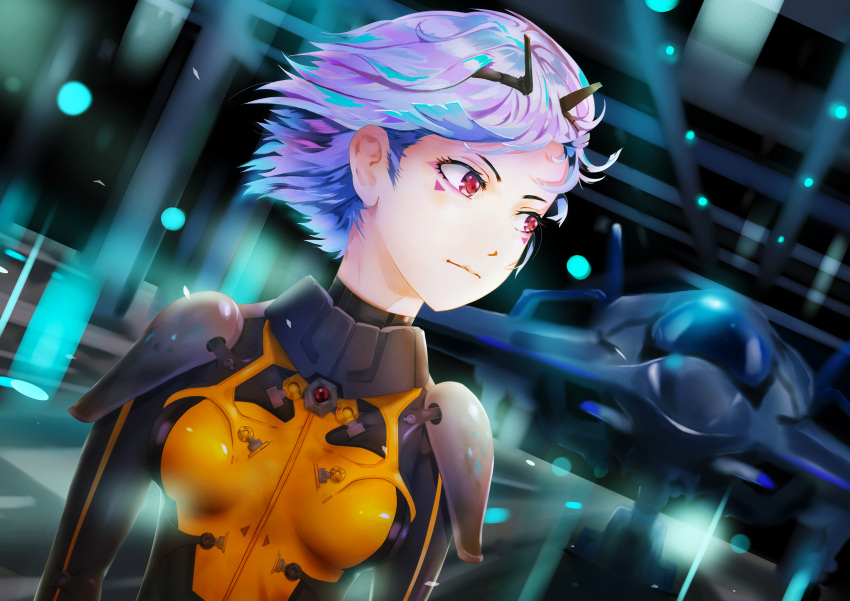 1girl, absurdres, aleste, armor, blurry, blurry_background, body_armor, bodysuit