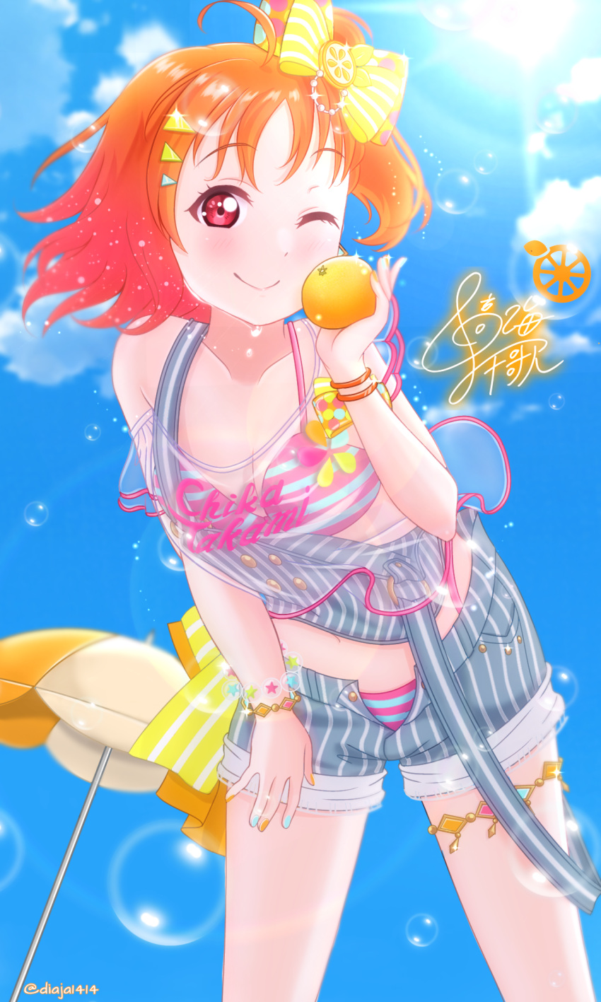 1girl, ;), a_chika-tastic_summer, ahoge, back_bow, bangs, bikini, bikini_under_clothes