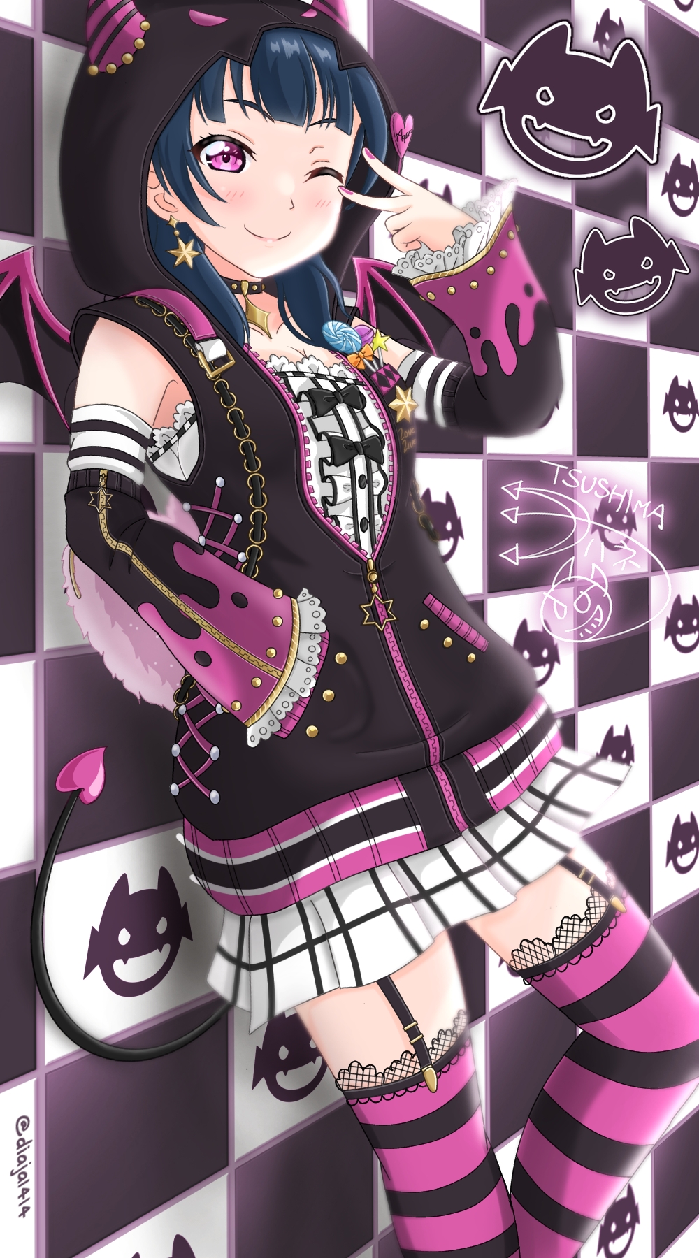 1girl, ;), against_wall, bangs, bat_wings, black_background, black_bow, black_hoodie