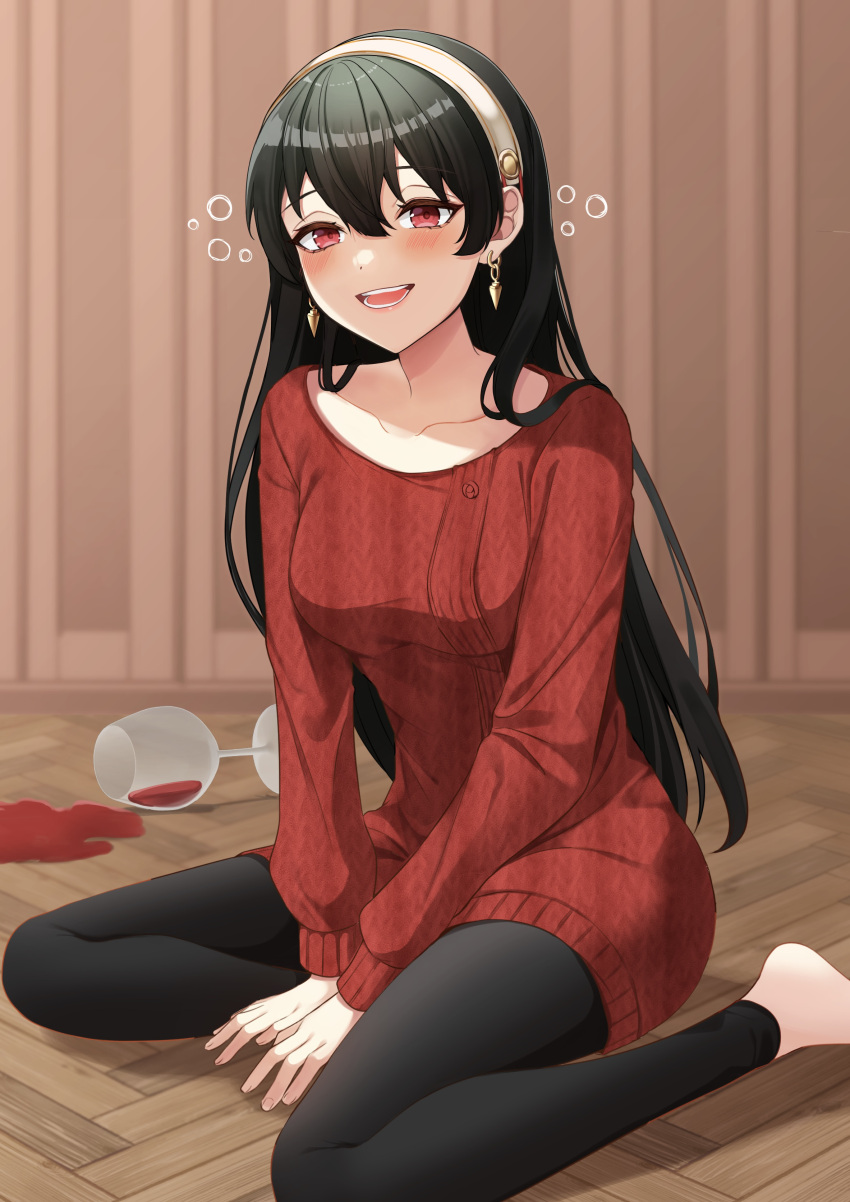 1girl, :d, absurdres, alcohol, bangs, barefoot, black_hair, black_legwear, blush, breasts, bubble, collarbone, cup, dress, drinking_glass, drunk, earrings, eyebrows_visible_through_hair, foot_out_of_frame, gold_earrings, hair_between_eyes, hairband, highres, jewelry, kuroyuki_0713, long_hair, looking_at_viewer, medium_breasts, on_floor, open_mouth, own_hands_together, pantyhose, red_eyes, red_sweater, sitting, smile, solo, spill, spy_x_family, straight_hair, sweater, sweater_dress, teeth, white_hairband, wine, wine_glass, wooden_floor, yor_briar