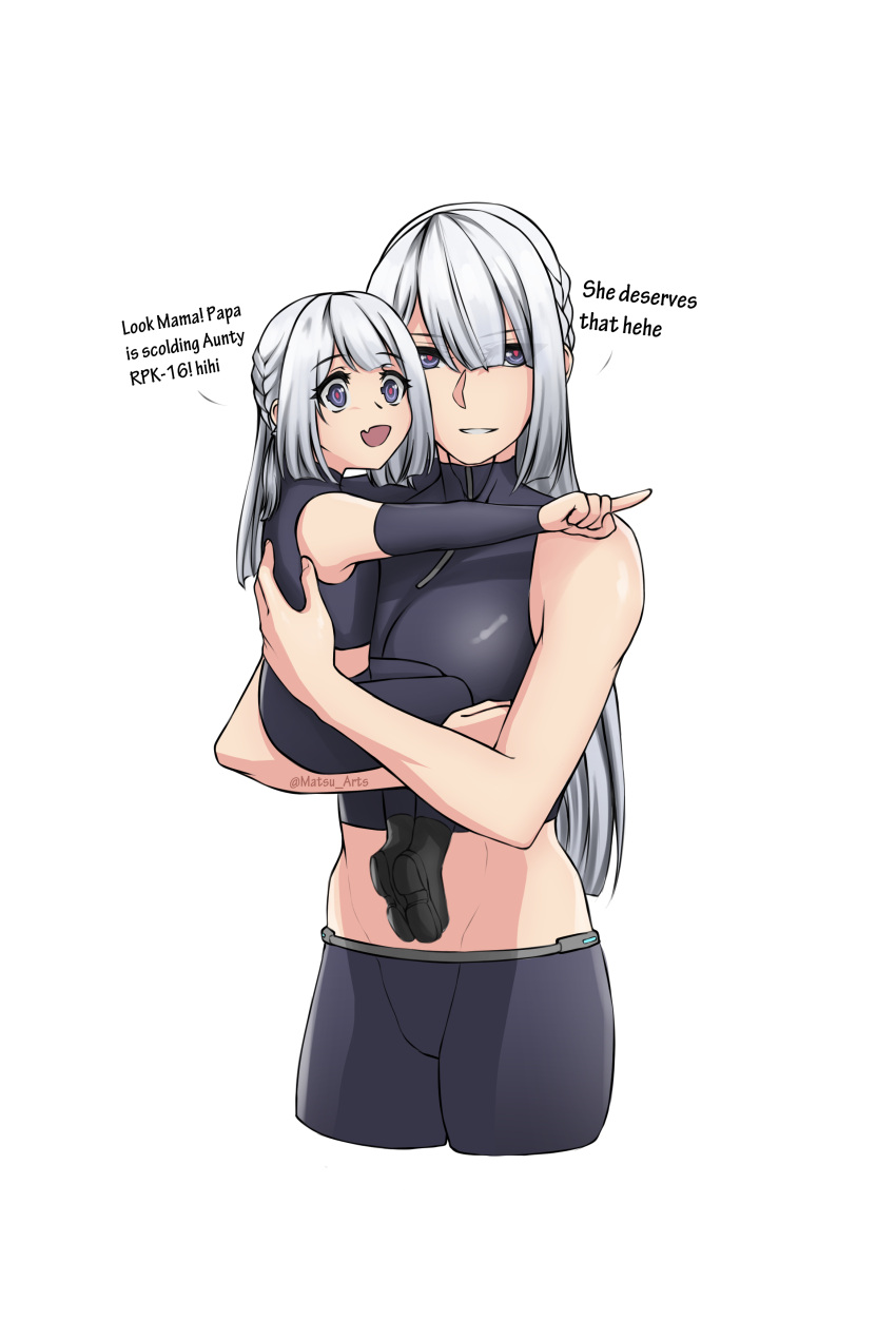 2girls, abs, absurdres, ak-15_(girls'_frontline), carrying, carrying_person, detached_sleeves, english_text