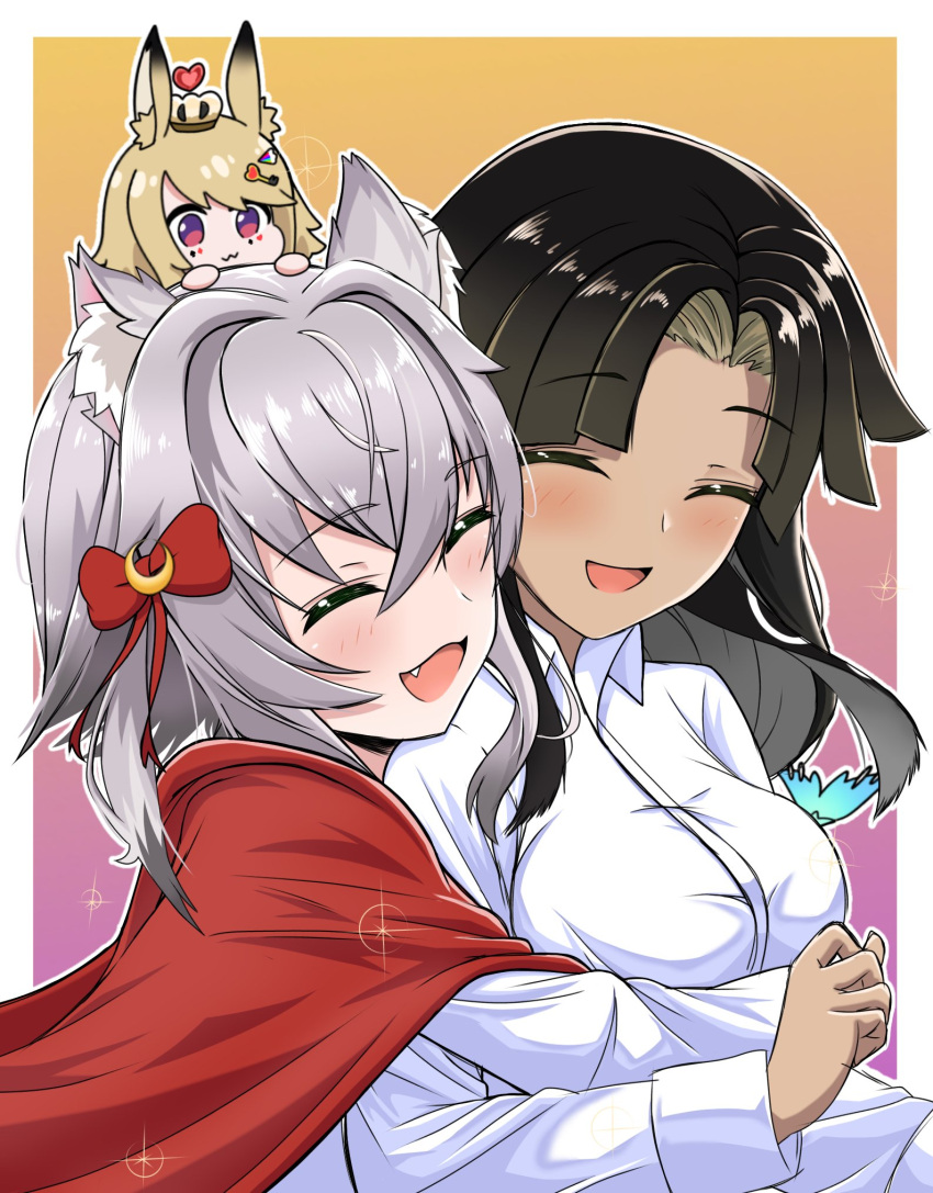 3girls, animal_ears, anon_non, black_hair, blonde_hair, brown_hair, casual, chibi