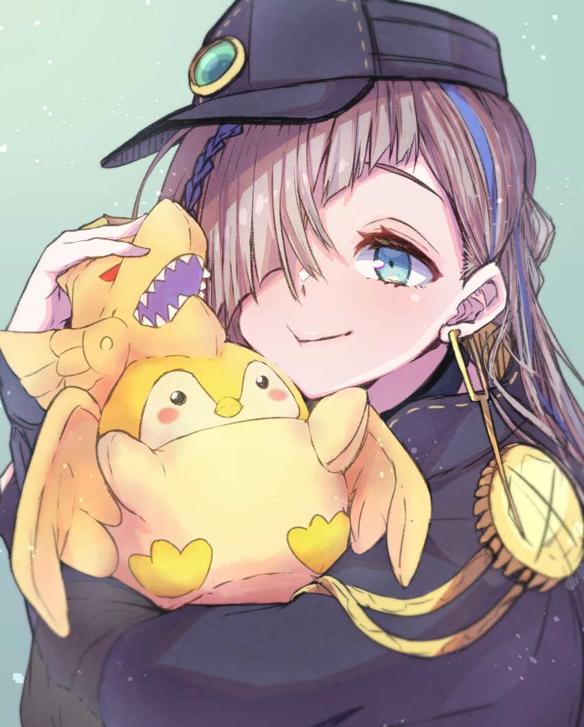 1girl, animal, bangs, blue_eyes, blue_hair, braid, breasts, brown_hair, choker, coat, cosplay, duel_monster, earclip, earrings, hair_over_one_eye, hat, hat_ornament, highres, holding, holding_stuffed_toy, jewelry, koupen-chan, long_hair, mosu_(korikan), multicolored_hair, single_braid, smile, solo, stuffed_toy, the_winged_dragon_of_ra, the_winged_dragon_of_ra_(cosplay), upper_body, witchcrafter_haine, yu-gi-oh!
