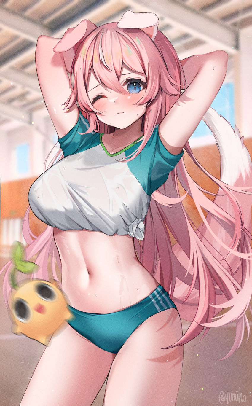 1girl, animal_ears, arms_behind_head, arms_up, bangs, blue_buruma, blue_eyes, blush