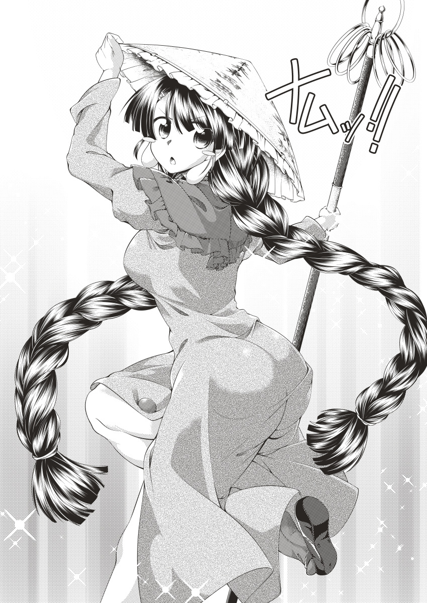 0-den, 1girl, absurdres, ajirogasa, blush_stickers, braid, breasts, capelet, dress, eyebrows_visible_through_hair, foot_out_of_frame, greyscale, hat, highres, large_breasts, long_earlobes, long_hair, long_sleeves, looking_back, monochrome, open_mouth, solo, sparkle, touhou, twin_braids, yatadera_narumi