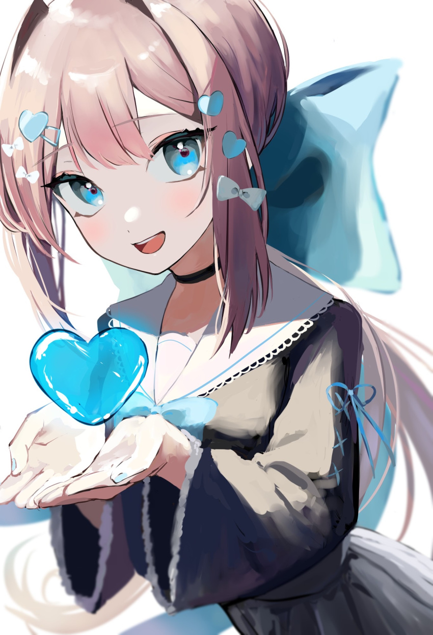 1girl, :d, ahute, bangs, blue_eyes, blush, bow, brown_hair
