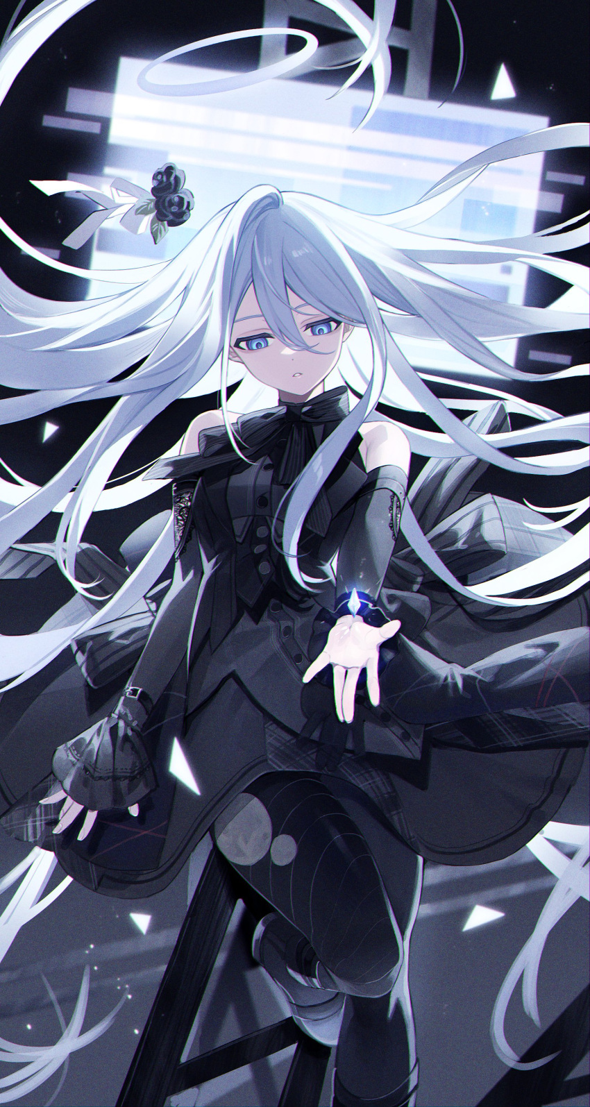 1girl, absurdres, bangs, bare_shoulders, black_dress, black_flower, black_rose, blue_eyes