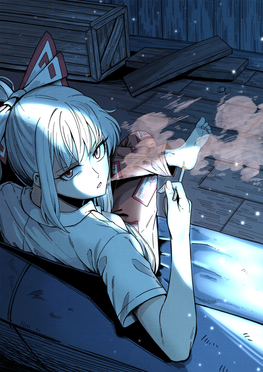 1girl, absurdres, bangs, barefoot, bow, cigarette, couch, crate, crossed_legs, ddok, english_commentary, fujiwara_no_mokou, hair_bow, highres, holding, holding_cigarette, leg_up, long_hair, looking_at_viewer, looking_back, night, ofuda, ofuda_on_clothes, open_mouth, pants, plank, red_eyes, red_pants, shirt, short_sleeves, sidelocks, smoke, smoking, solo, touhou, white_bow, white_hair, white_shirt, wooden_floor
