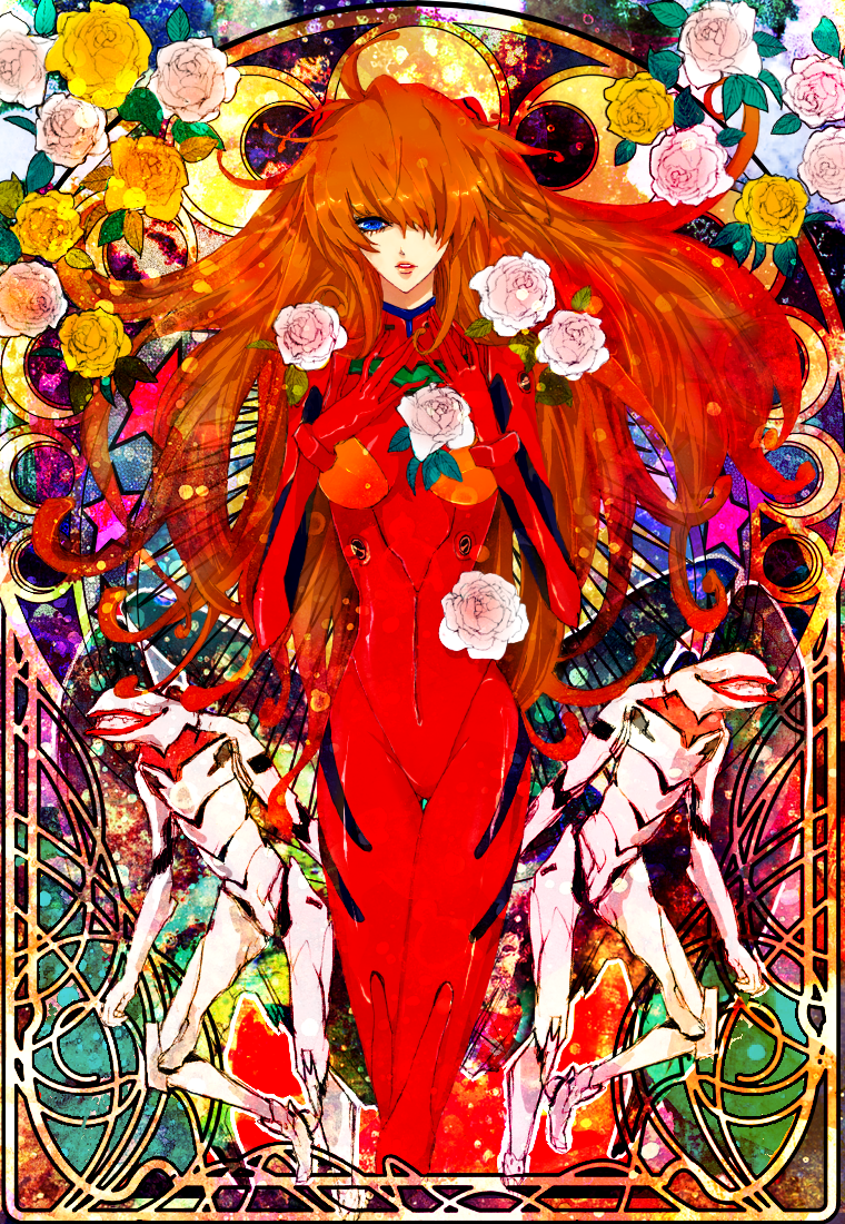 flower, hair_over_one_eye, long_hair, mariwe, mass_production_eva, neon_genesis_evangelion, orange_hair, plugsuit, rose, souryuu_asuka_langley