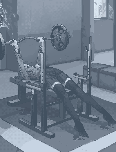 1girl, arms_up, attempted_suicide, barbell, bench_press, blazer, blue_theme, breasts