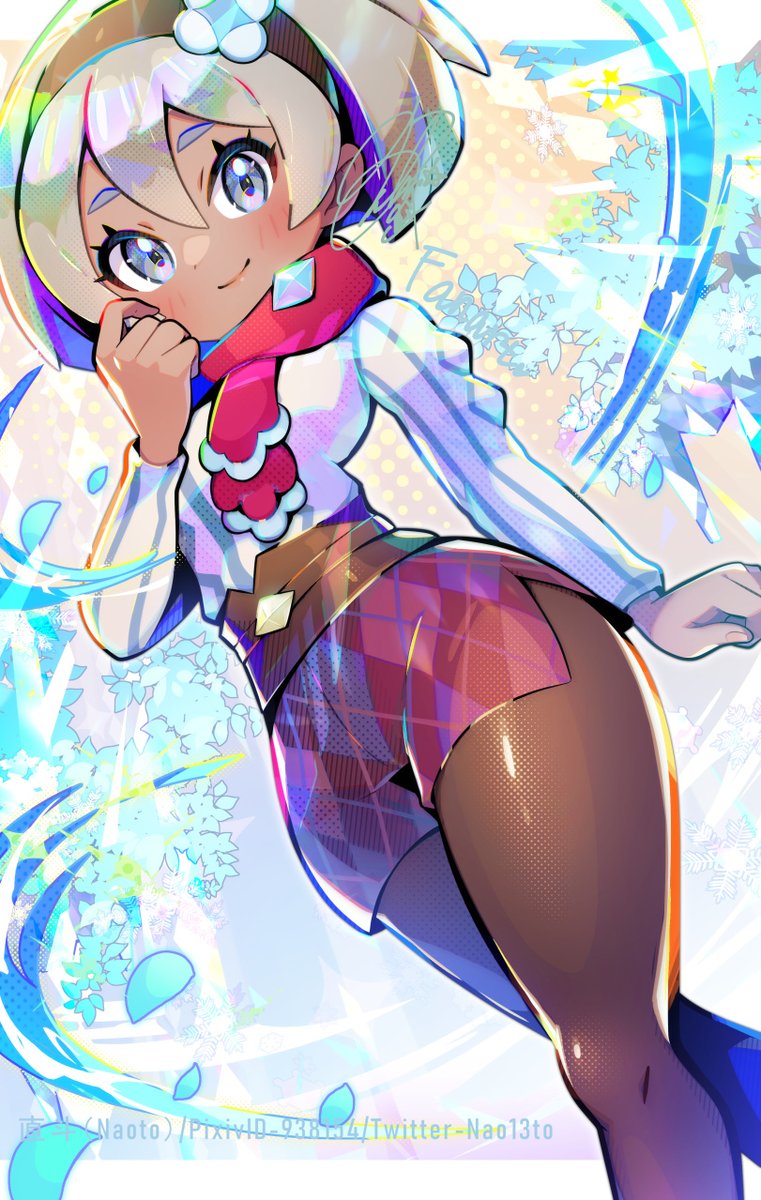 1girl, bangs, bea_(pokemon), blonde_hair, blush, brown_legwear, closed_mouth, commentary_request