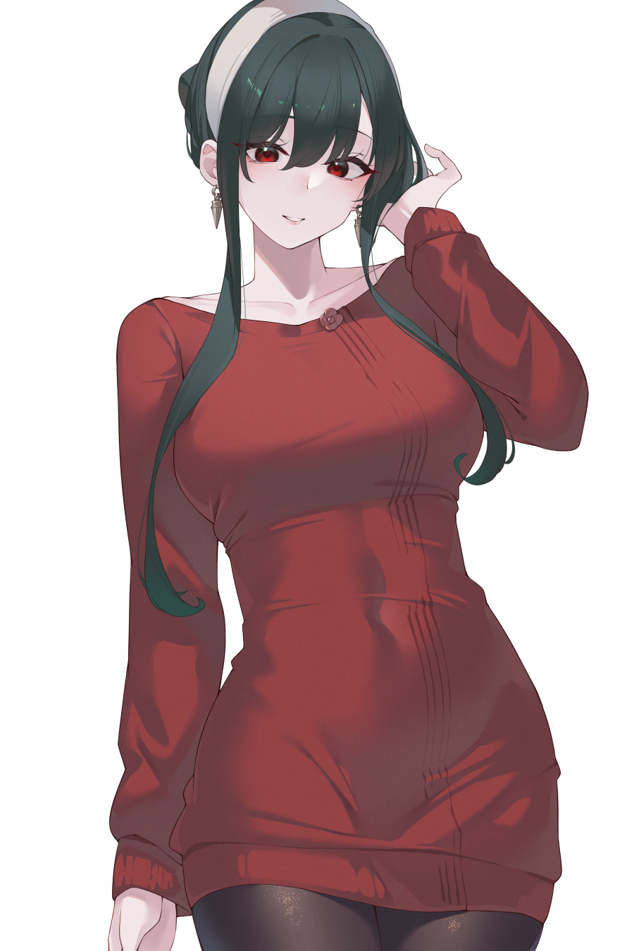 1girl, bangs, black_hair, black_legwear, breasts, covered_navel, cowboy_shot, dress