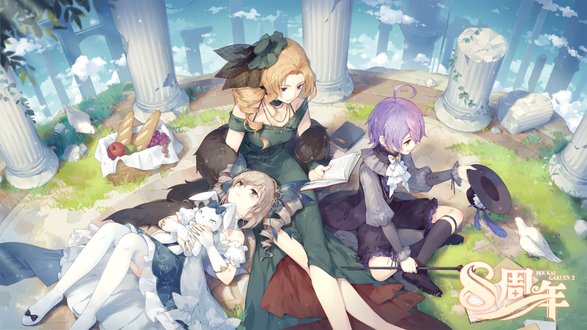 3girls, ahoge, anniversary, apple, bat_(coumori), benghuai_xueyuan, bird, black_legwear