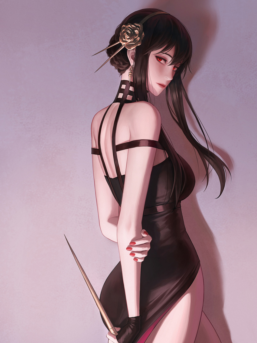 1girl, arm_behind_back, bangs, bare_shoulders, black_dress, black_gloves, black_hair, breasts, commentary, dagger, dress, earrings, fingerless_gloves, flower, from_behind, gloves, gold_earrings, gold_hairband, highres, holding, holding_dagger, holding_own_arm, holding_weapon, jewelry, knife, lips, looking_at_viewer, looking_back, medium_breasts, nail_polish, nuker_(nukerdraws), off-shoulder_dress, off_shoulder, red_eyes, red_nails, rose, short_hair_with_long_locks, single_glove, solo, spy_x_family, standing, thighs, weapon, yor_briar