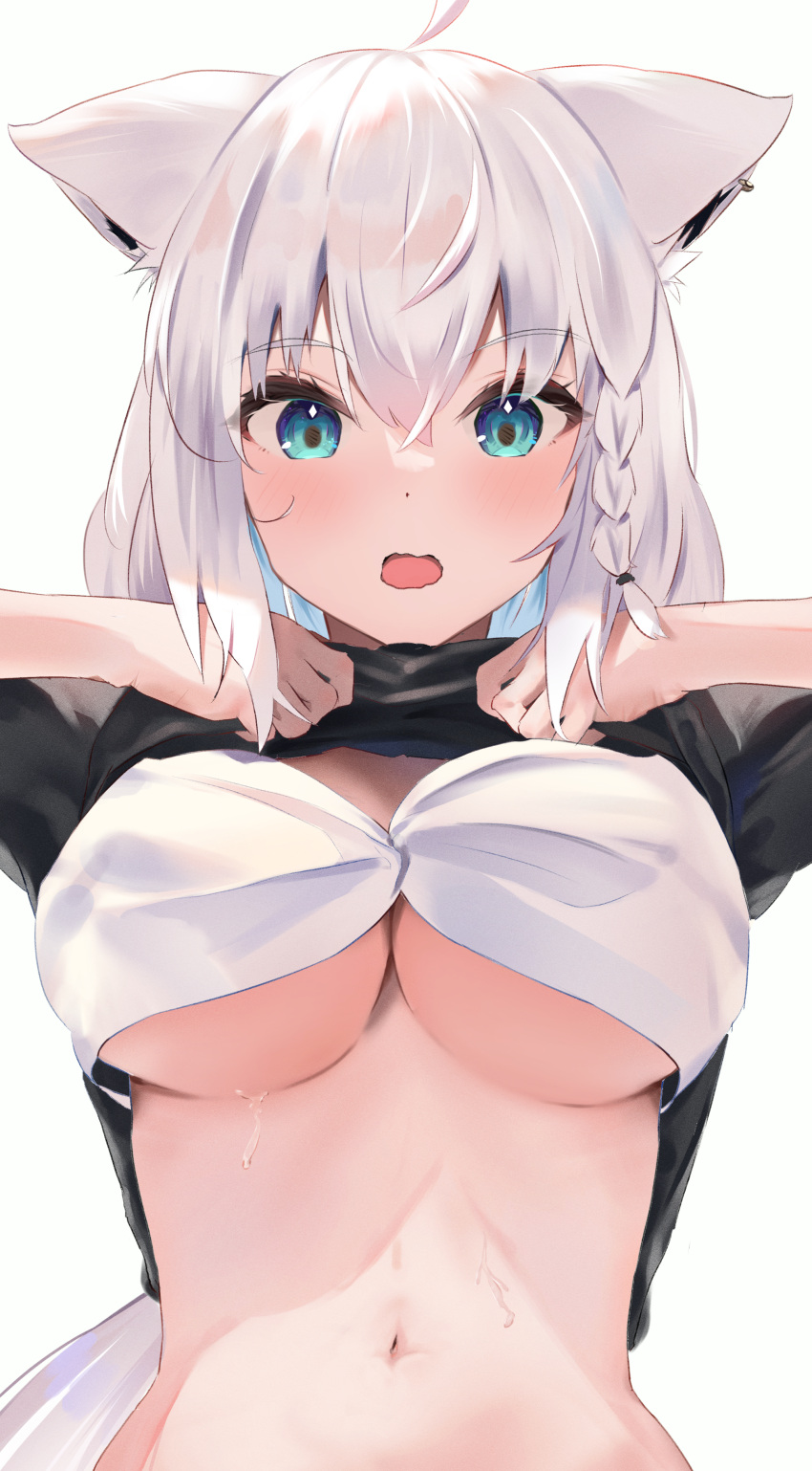 1girl, absurdres, animal_ears, bangs, bikini, black_shirt, blush, braid