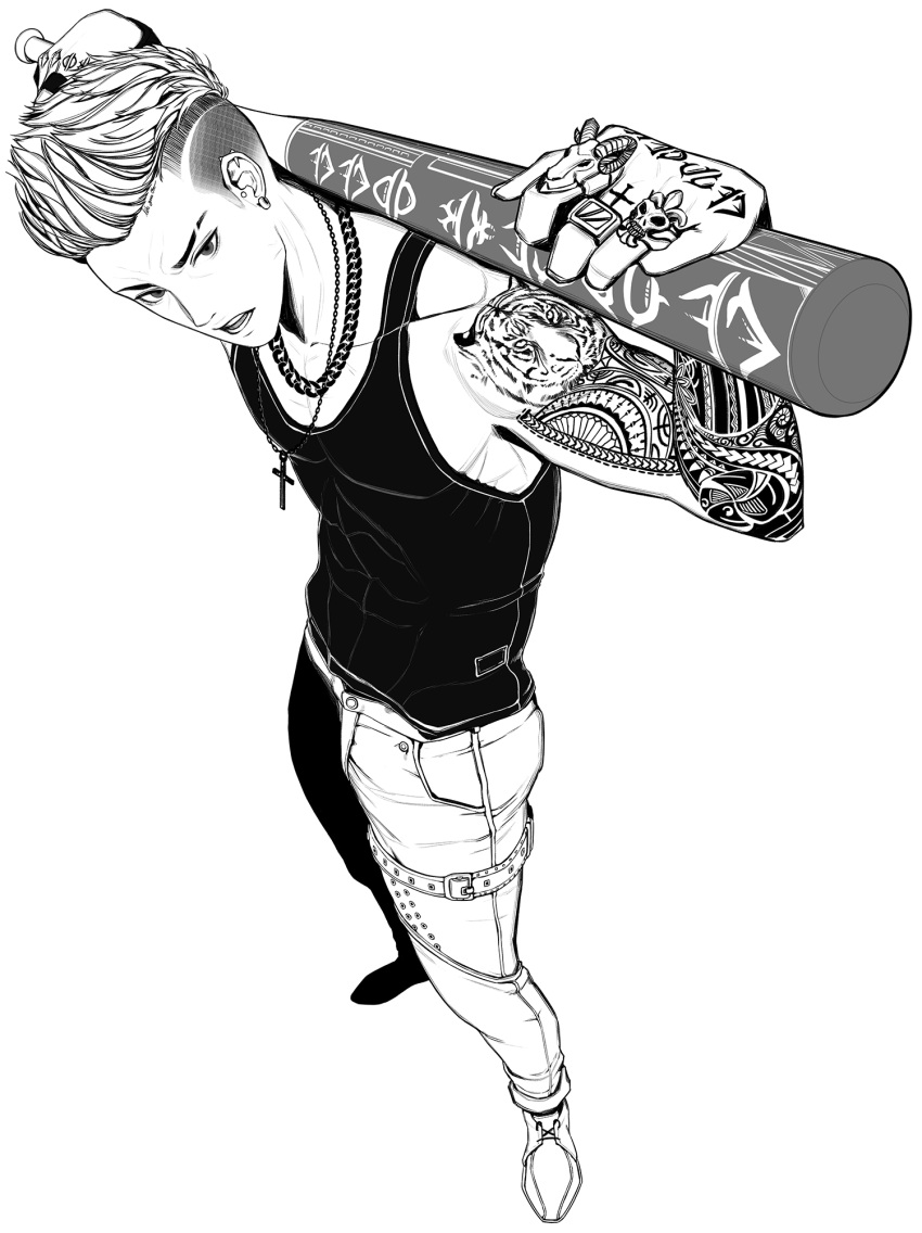 1boy, abs, arm_tattoo, baseball_bat, belt, black_shirt, cross, cross_necklace