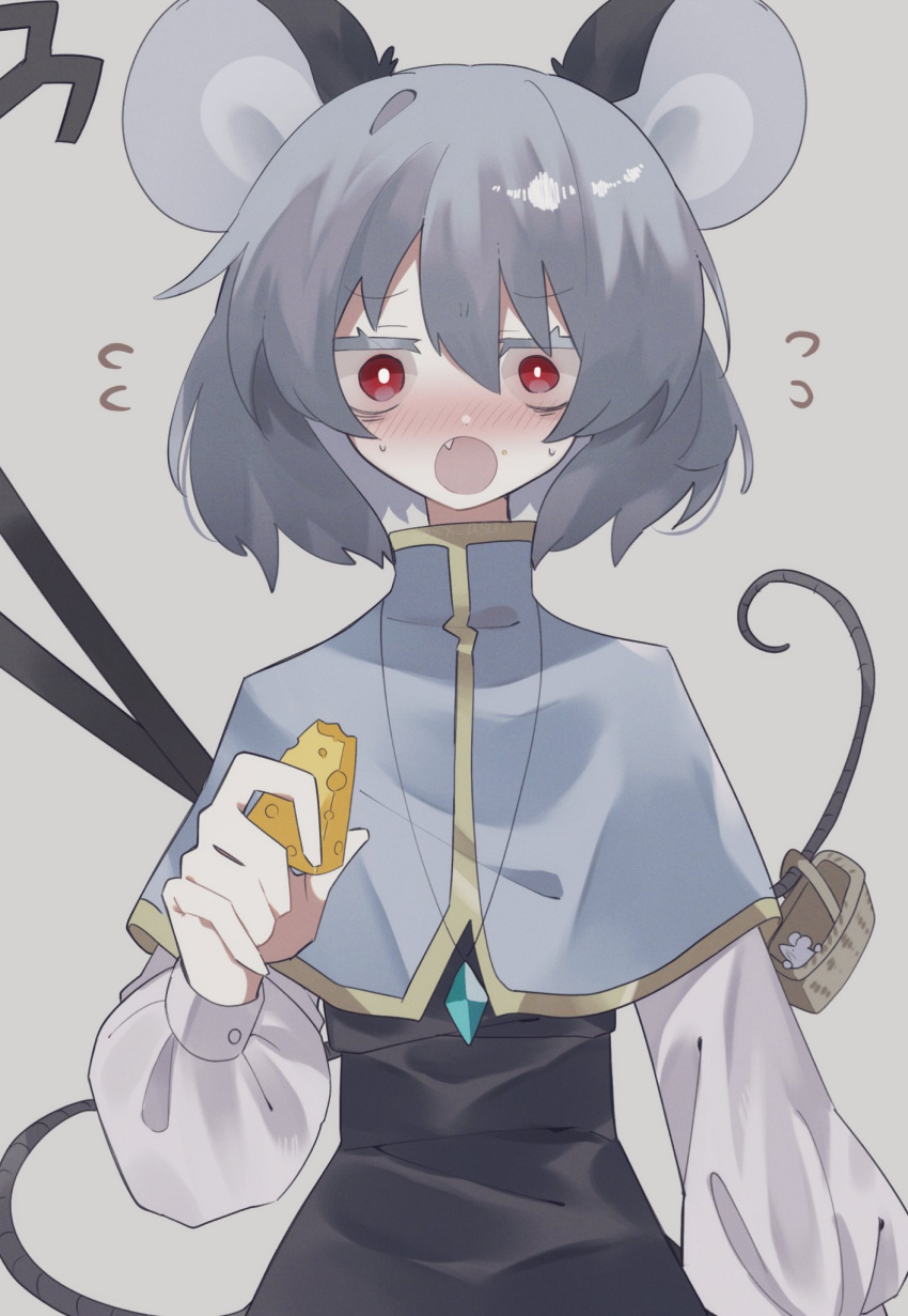 1girl, animal, animal_ears, basket, black_dress, blush, capelet, cheese