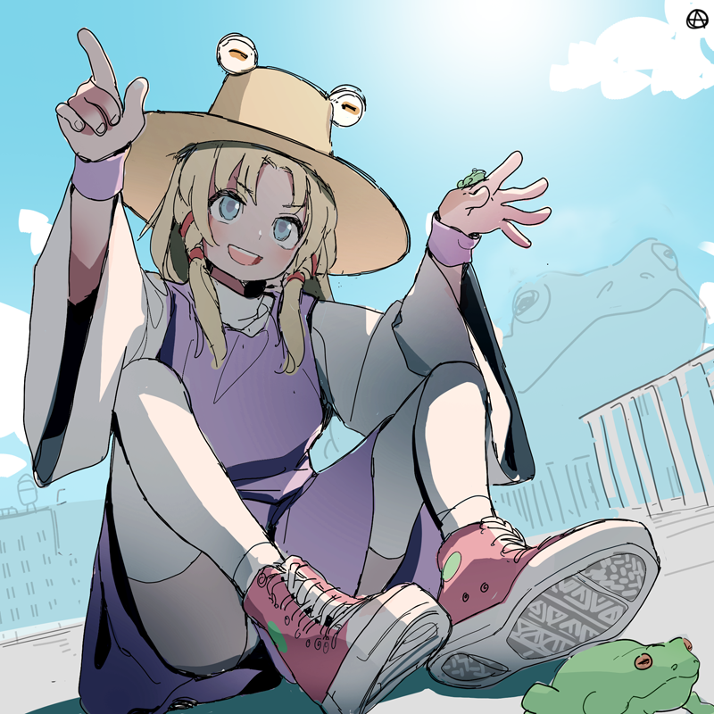 1girl, :d, animal, armband, bangs, blonde_hair, blue_eyes, circle_a