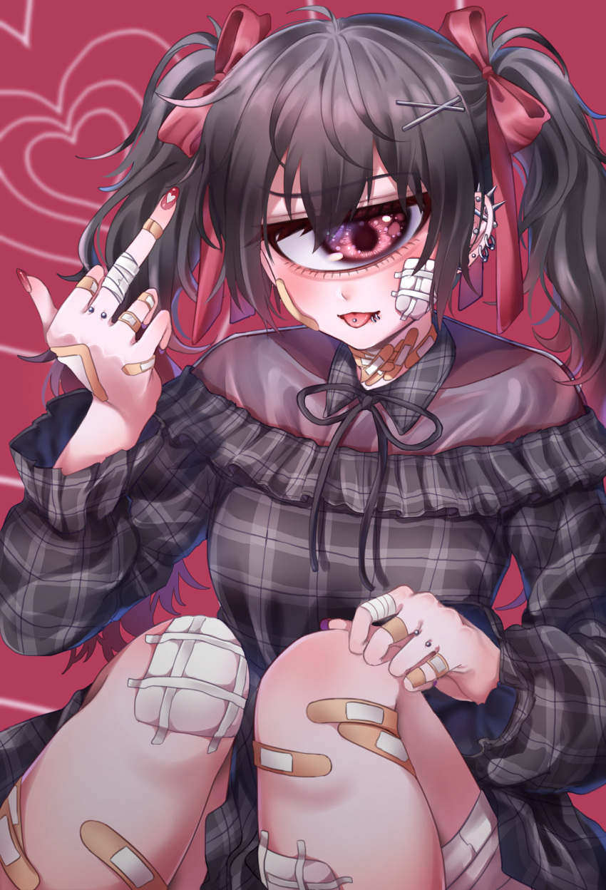 1girl, :3, absurdres, bandaged_leg, bandages, bandaid, bandaid_on_face, bandaid_on_hand