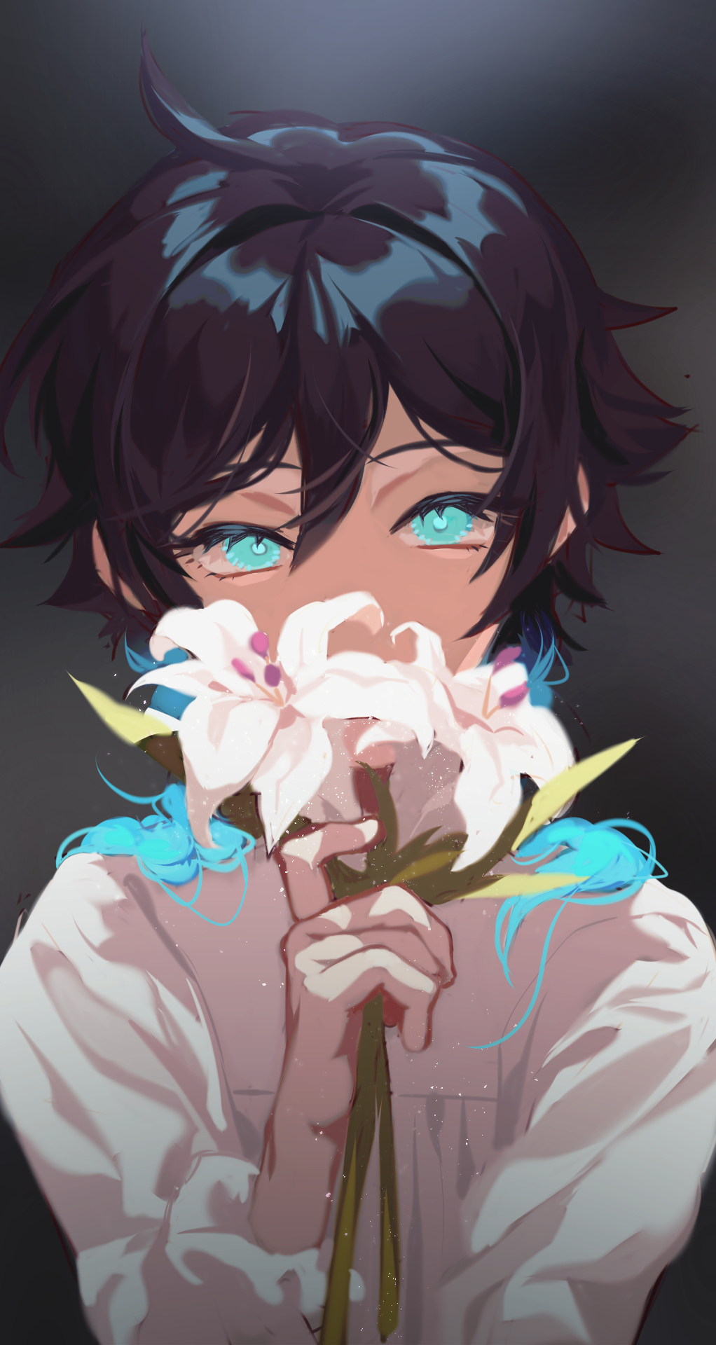 1boy, ahoge, alternate_costume, androgynous, aqua_eyes, aqua_hair, bangs, black_hair
