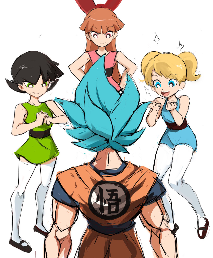 1boy, 3girls, belt, black_belt, black_hair, blonde_hair, blossom_(ppg), blue_dress