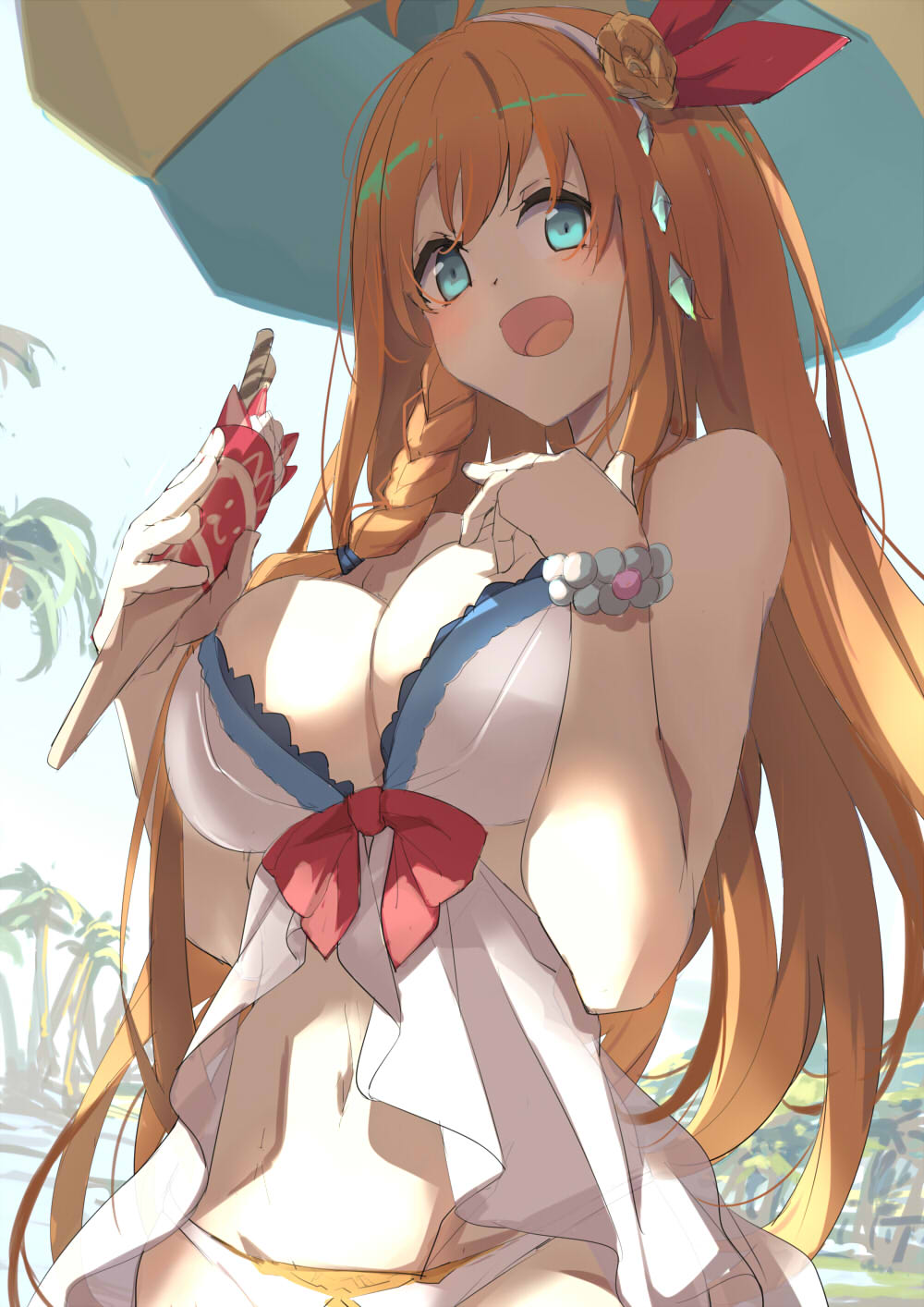 1girl, :d, aqua_eyes, bead_bracelet, beads, bikini, blue_sky, bracelet