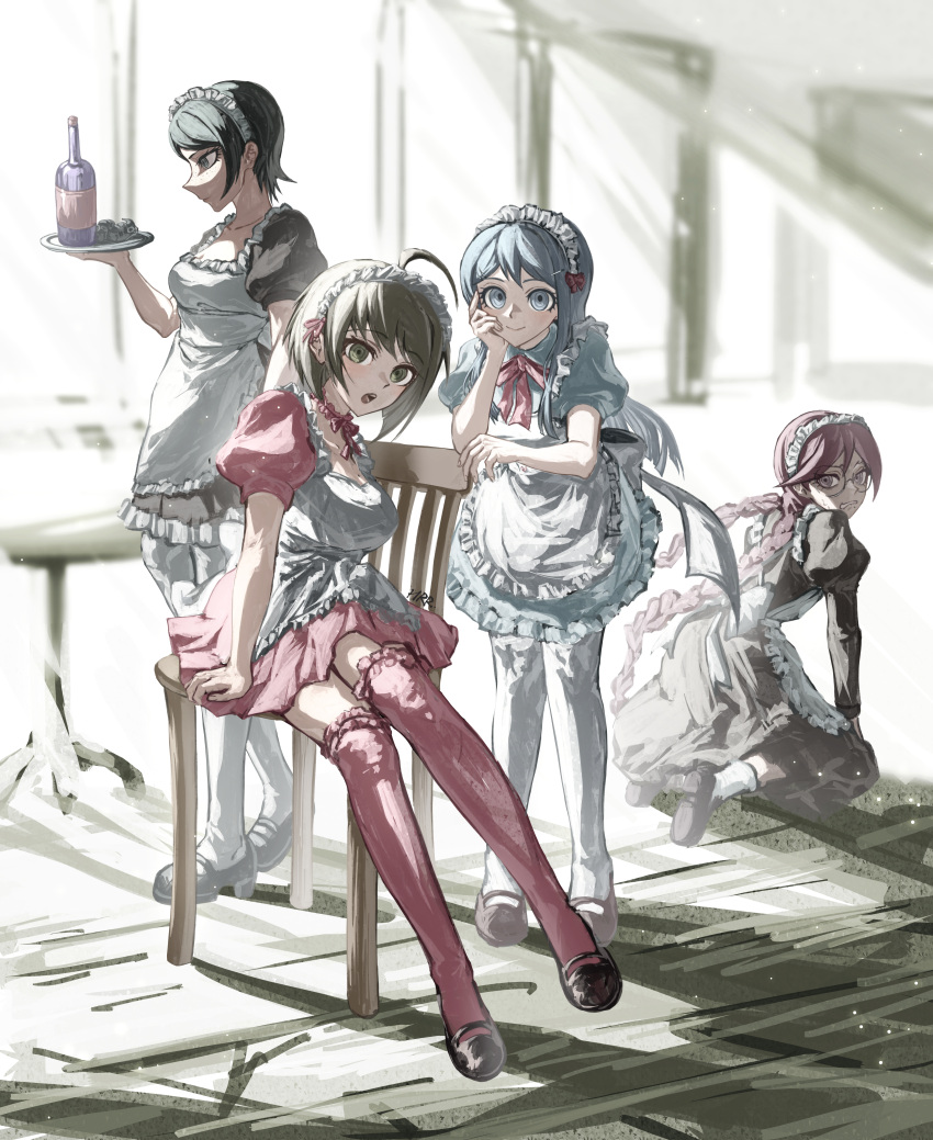 4girls, :o, absurdres, ahoge, alternate_costume, apron, bangs, black_hair